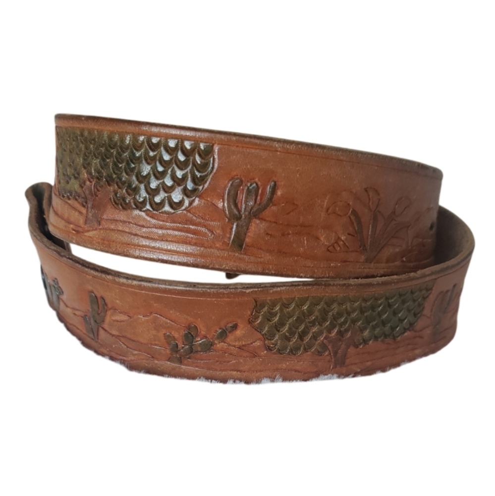 Vintage Western, Hand Tooled Leather Belt,1970s, Featuring Desert Landscape.